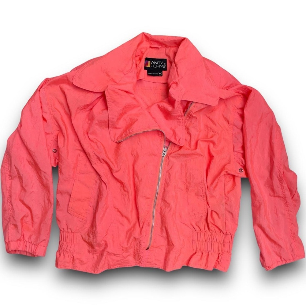 Vintage Nylon Windbreaker Jacket Pink‎ Ruched Waist Zip Up Moto Style Womens M